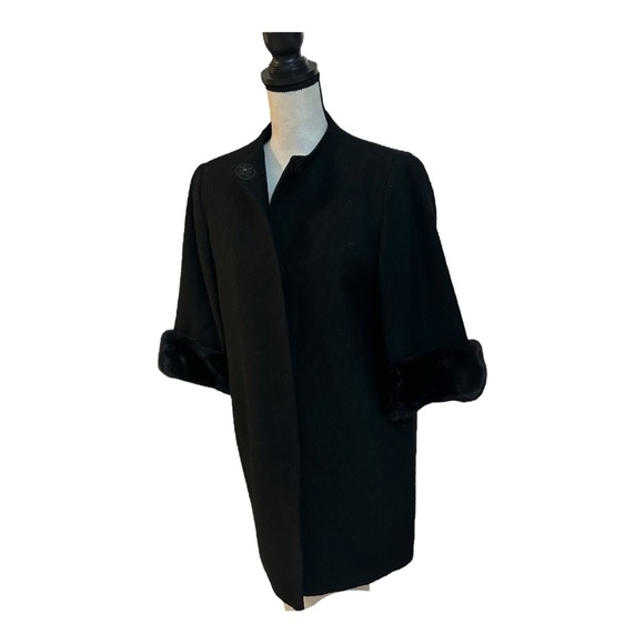 Elie Tahari 3/4 Sleeve Mink Cuff Black Wool Coat - Picture 7 of 14